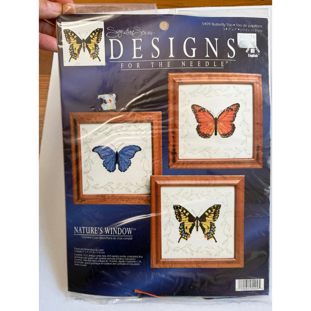 Vtg Butterfly Counted Cross Stitch Kit Monarch Yellow Blue 3 Designs 7x7 Each